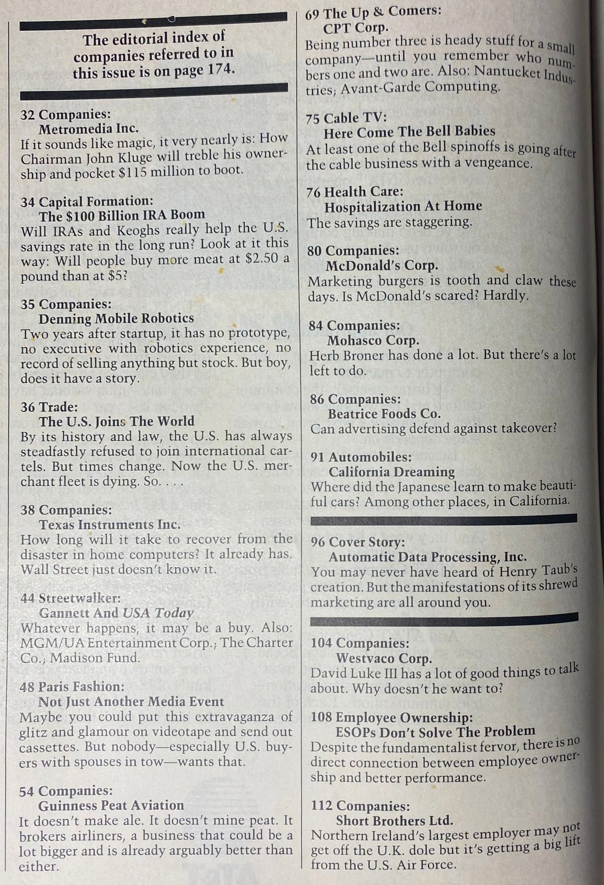Editorial index page of Forbes Magazine April 23, 1984, listing notable companies and articles featured in the issue.