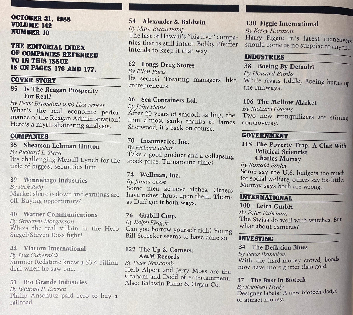 Editorial index page from Forbes Magazine, October 31, 1988, highlighting various articles including the cover story 'Is The Reagan Prosperity For Real?' The index lists significant content such as company profiles and government insights, relevant for collectors and readers interested in the economic analysis of the late 80s.
