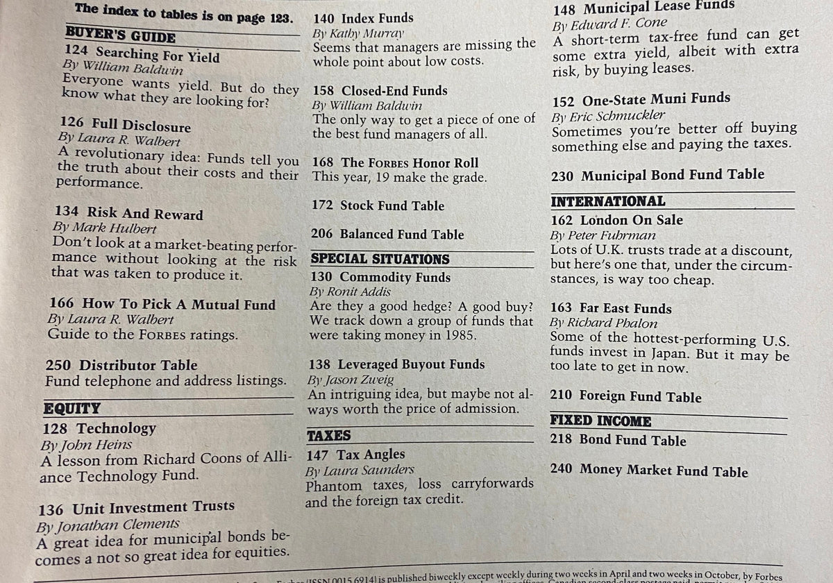 Forbes Magazine September 5, 1988 The 1988 Fund Ratings - Index of tables on page 123 including Buyer's Guide and Special Situations.