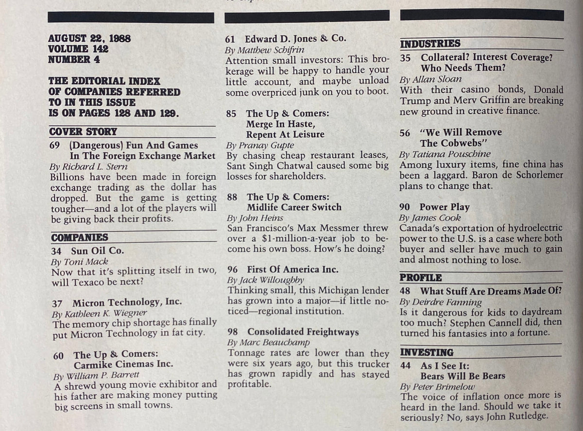 Interior page of Forbes Magazine August 22, 1988 showcasing the editorial index and chapter contents related to the foreign exchange market and featured companies.