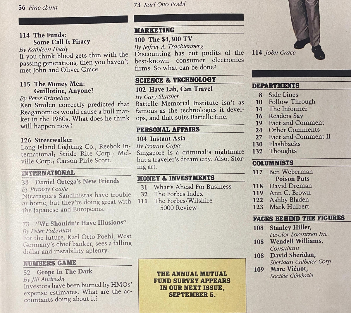 Forbes Magazine August 22, 1988, showing the contents page with various articles on finance and investments, including 'The Funds: Some Call It Piracy' and features on key companies like Micron Technology.