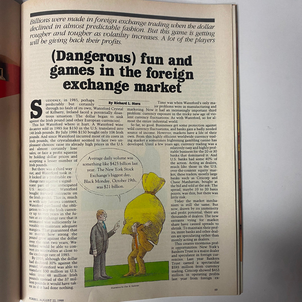 Forbes Magazine August 22, 1988, featuring the article titled '(Dangerous) Fun and Games in the Foreign Exchange Market,' which discusses the volatility of currency trading and its effects on the economy.