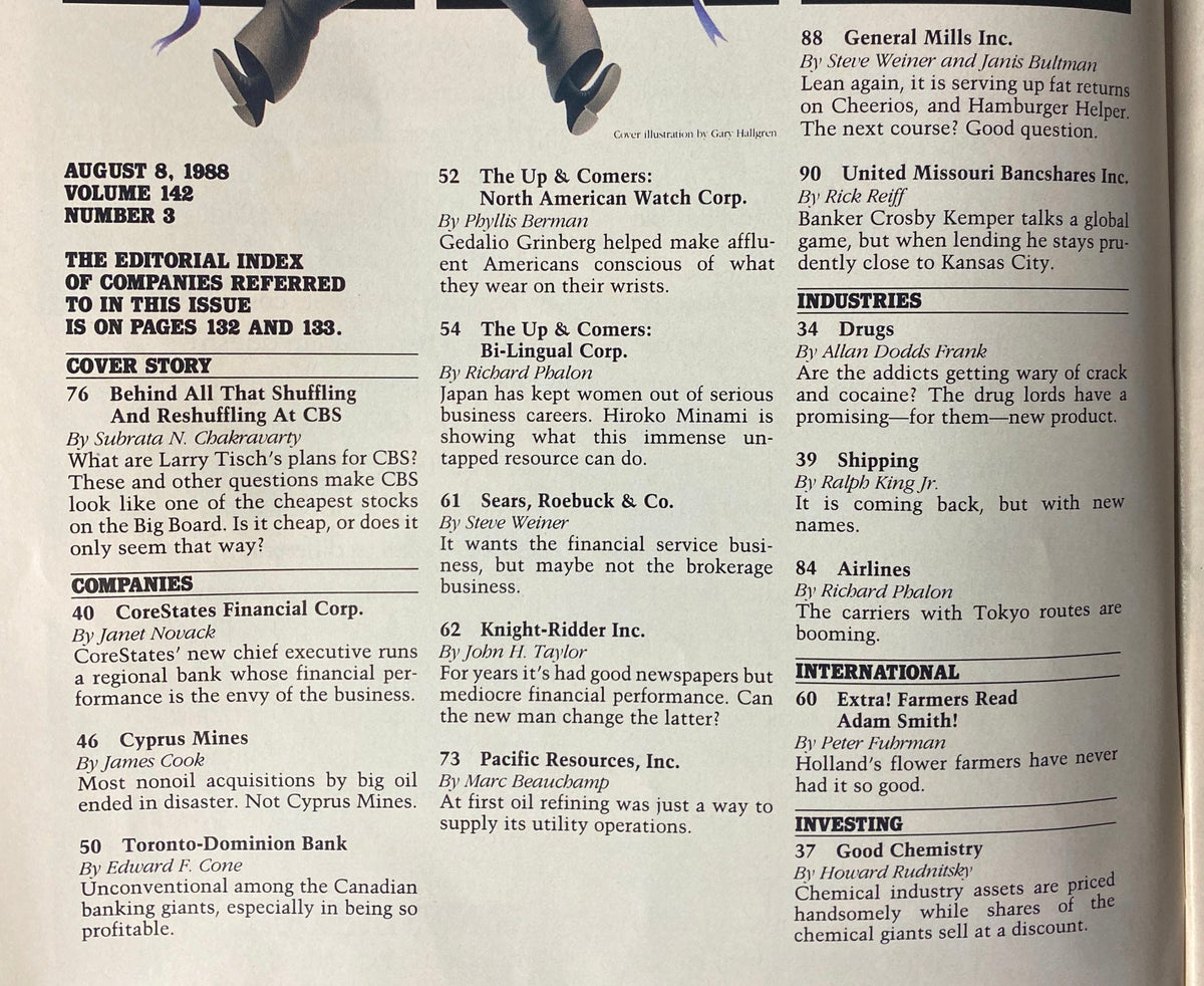 Contents page of Forbes Magazine August 8, 1988, detailing the editorial index of companies featured, including key articles regarding CBS, CoreStates Financial Corp., and General Mills.