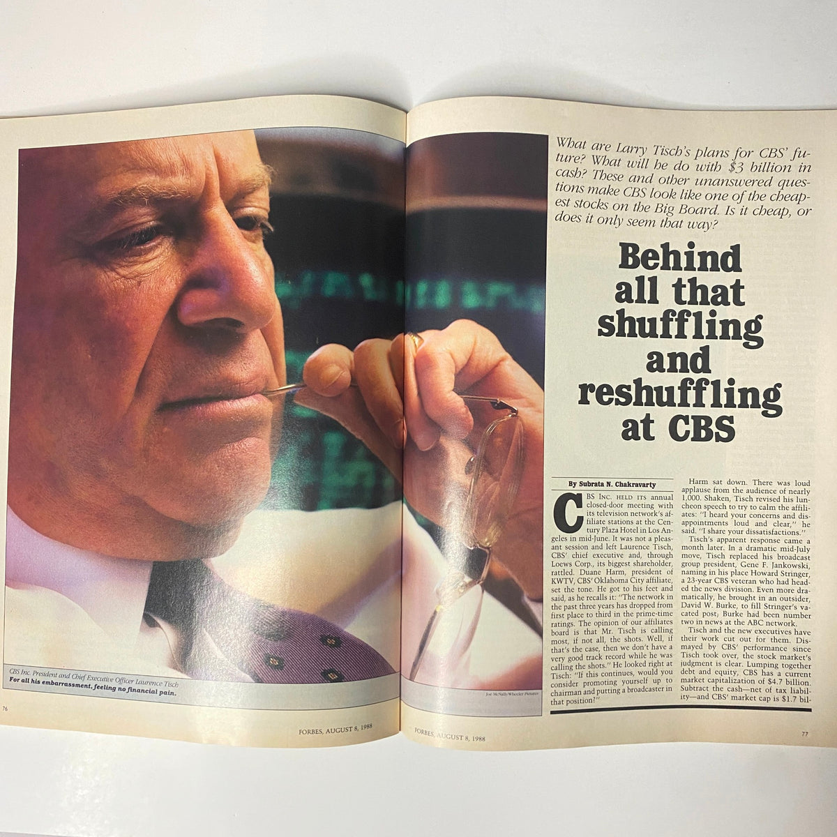 Forbes Magazine August 8, 1988 featuring an article titled 'Behind All That Shuffling and Reshuffling at CBS,' analyzing CBS leadership changes and financial strategies with a close-up of a businessman in thought.