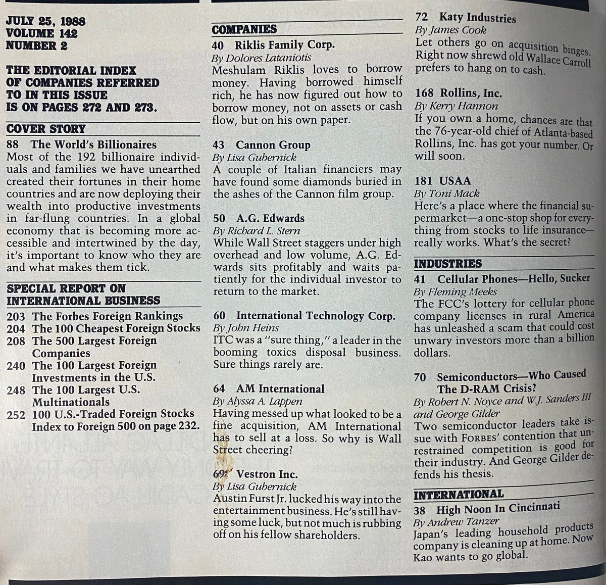 Table of contents from Forbes Magazine, July 25, 1988, with main articles and features related to 'The World's 192 Billionaires'.