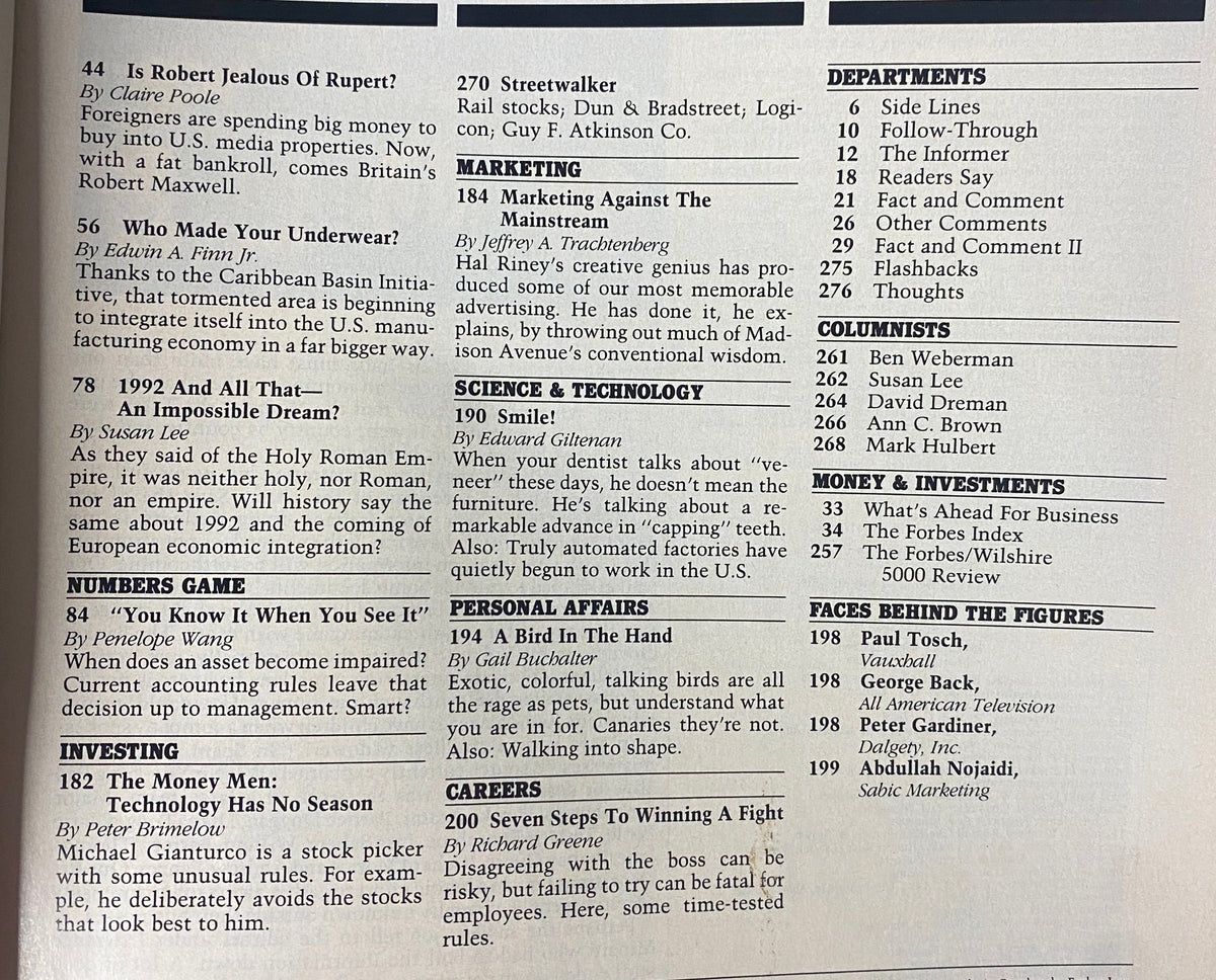 Editorial page from Forbes Magazine, July 25, 1988, highlighting various articles and contributors for the issue 'The World's 192 Billionaires'.