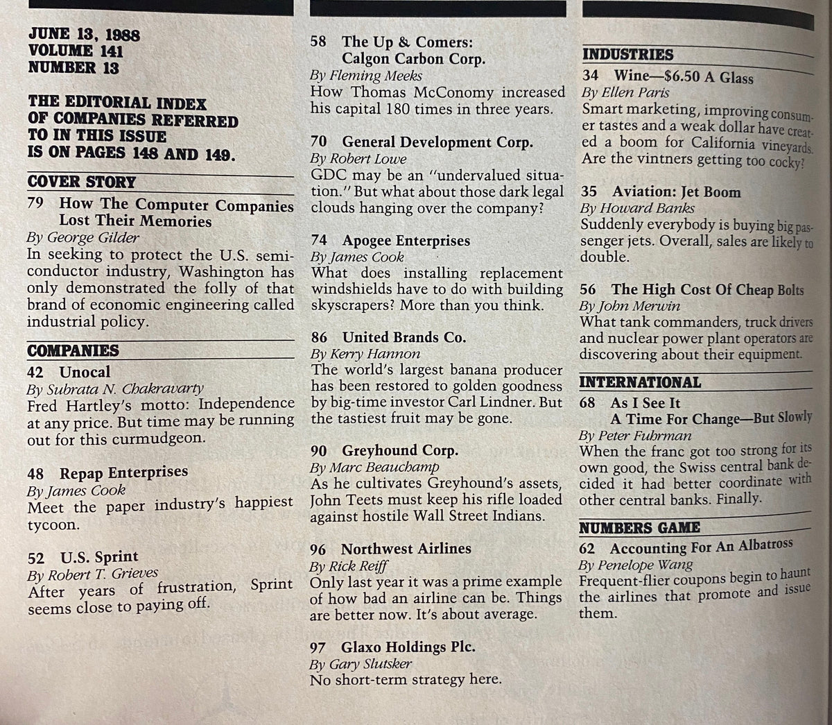 Interior page of Forbes Magazine from June 13, 1988, displaying the editorial index, including the cover story 'How The Computer Companies Lost Their Memories' by George Gilder, along with related articles and company features such as Unocal, U.S. Sprint, and others.