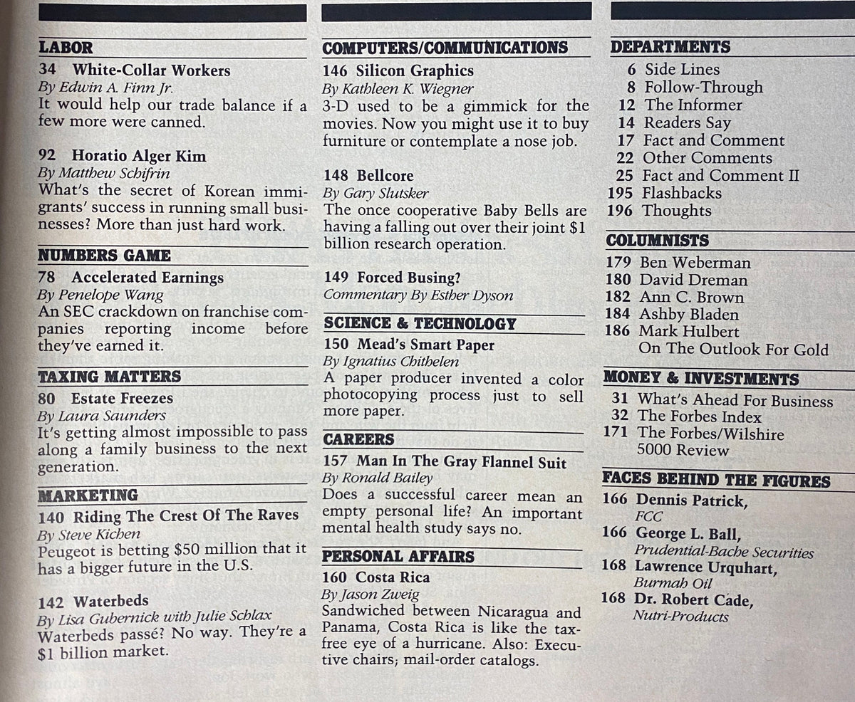 Table of contents from Forbes Magazine October 17, 1988, featuring articles on labor, marketing, numbers game, and personal affairs relevant to Pay TV industry.