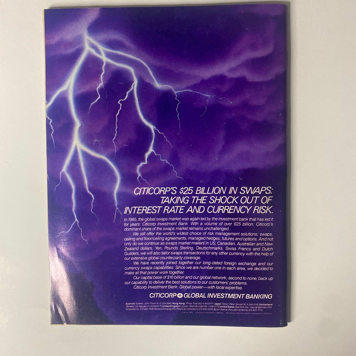 Back cover of Forbes Magazine June 30, 1986 displaying an advertisement for Citicorp's financial services, emphasizing their leadership in the global swaps market.