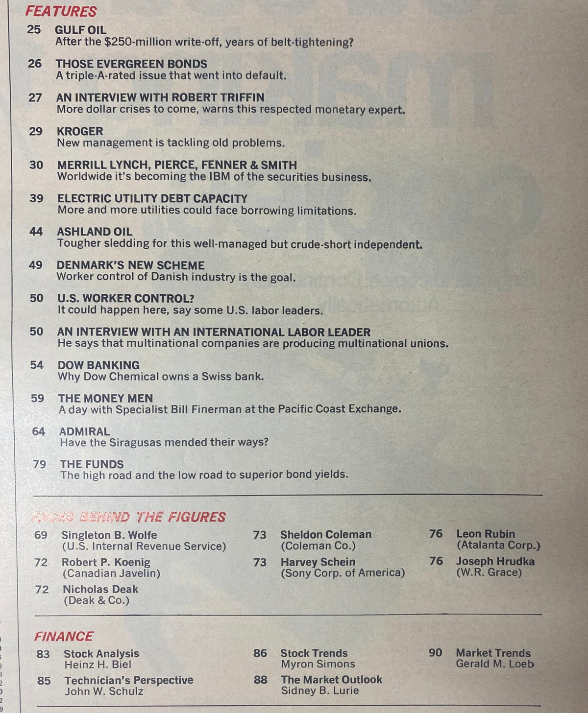 Page from the November 1, 1972 issue of Forbes Magazine displaying the table of contents, featuring articles like 'Gulf Oil', 'Those Evergreen Bonds', and an interview with Robert Triffin.