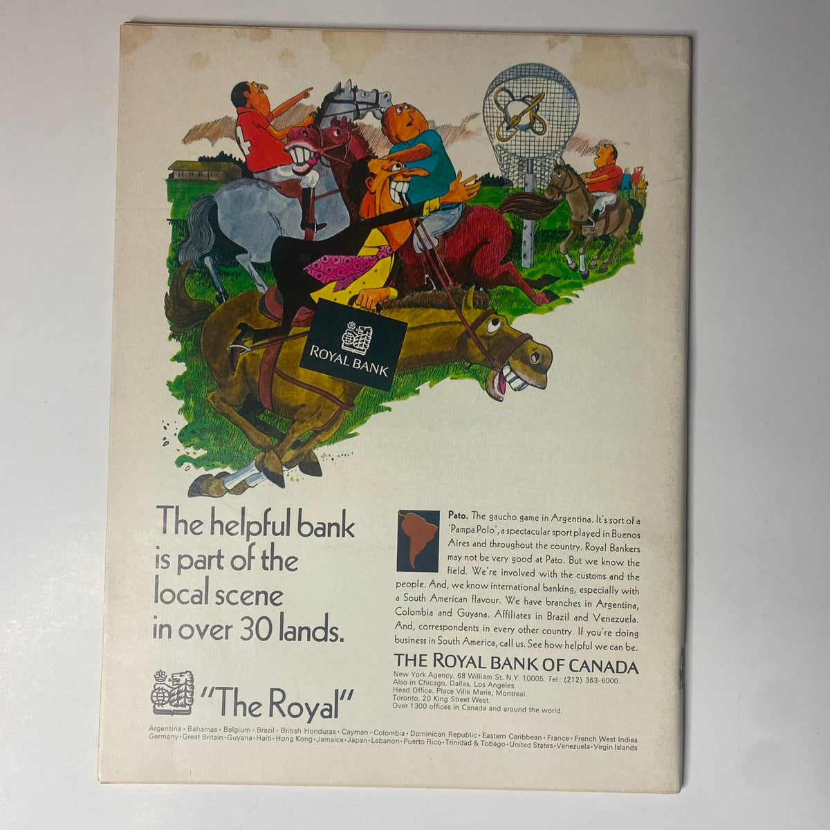 Back cover of Forbes Magazine September 15, 1972 displaying a colorful illustration promoting the Royal Bank of Canada, emphasizing its services and presence in over 30 countries.