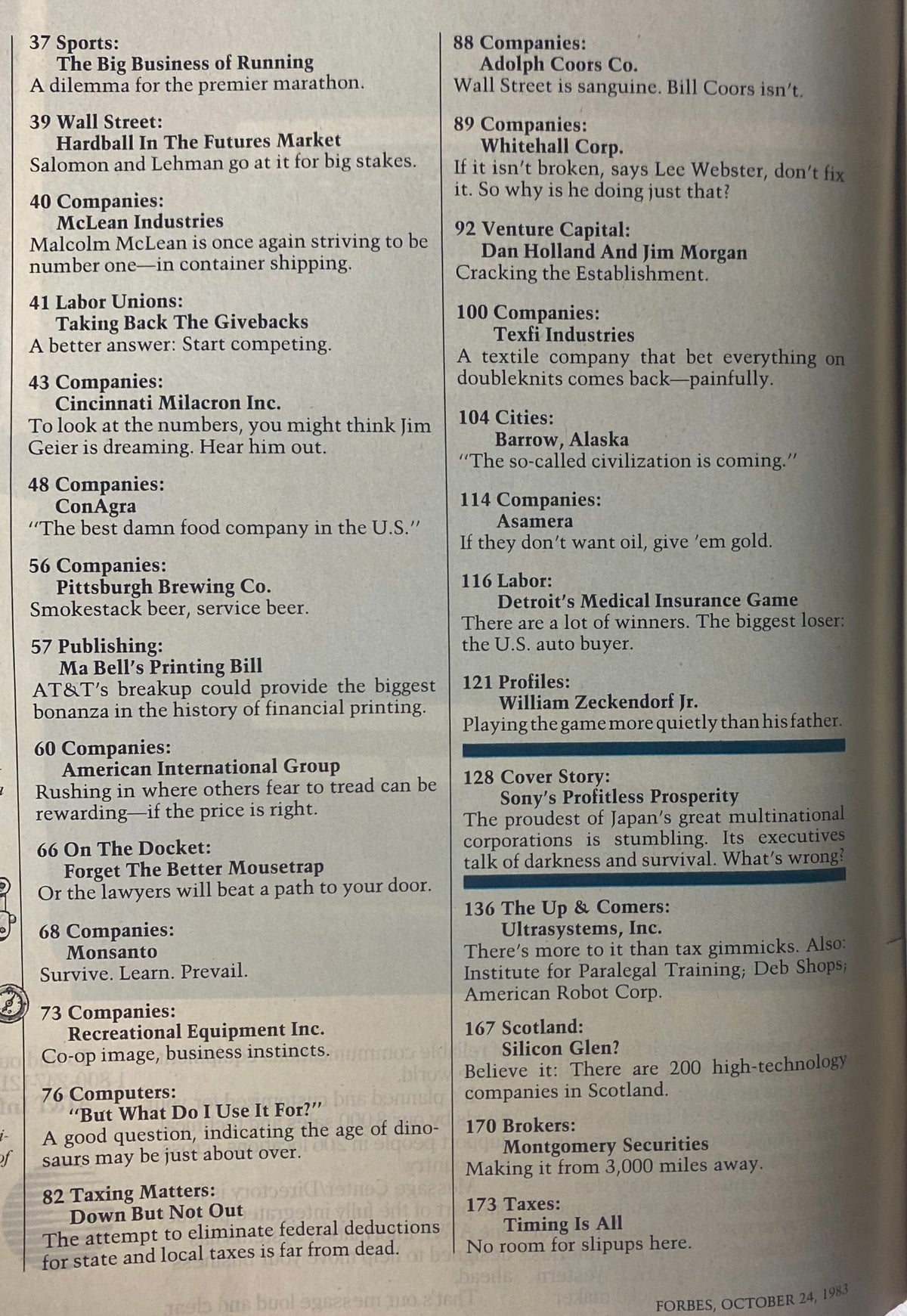 Forbes Magazine October 24, 1983 page featuring article headers including 'The Big Business of Running' and 'Hardball In The Futures Market' exploring corporate dynamics.