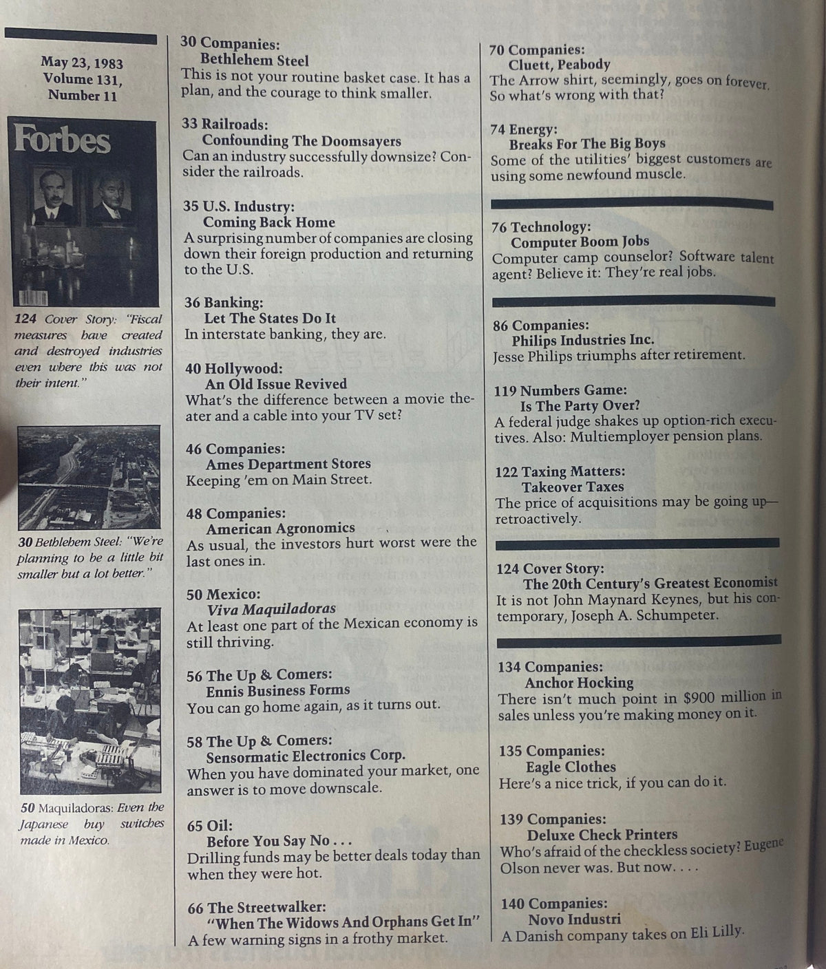Overview of Forbes Magazine May 23, 1983 highlighting articles including Bethlehem Steel and U.S. industry return, featuring cover story about fiscal policy.