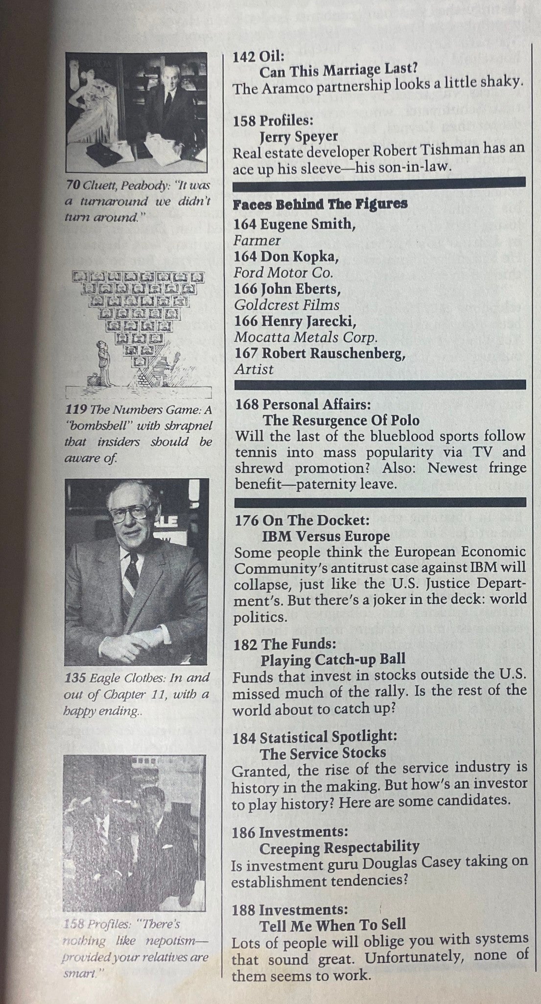 Inside page of Forbes Magazine May 23, 1983 showcasing profiles on various personalities including Jerry Speyer and discussions on the oil market.