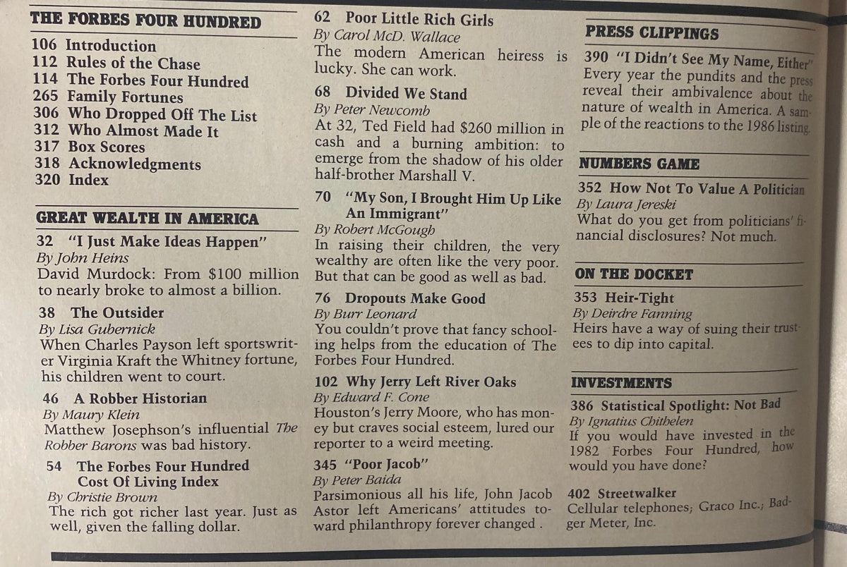 Contents page of Forbes Magazine 1987 showcasing major articles including 'The Forbes Four Hundred', 'Family Fortunes', and discussions on wealth in America.