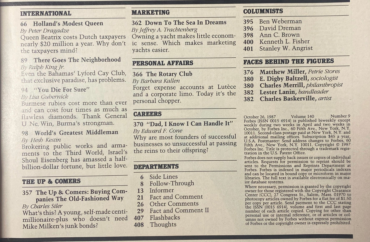 Editorial page of Forbes Magazine 1987 highlighting various articles related to wealth, investments, and personal affairs, outlining influential names and concepts.