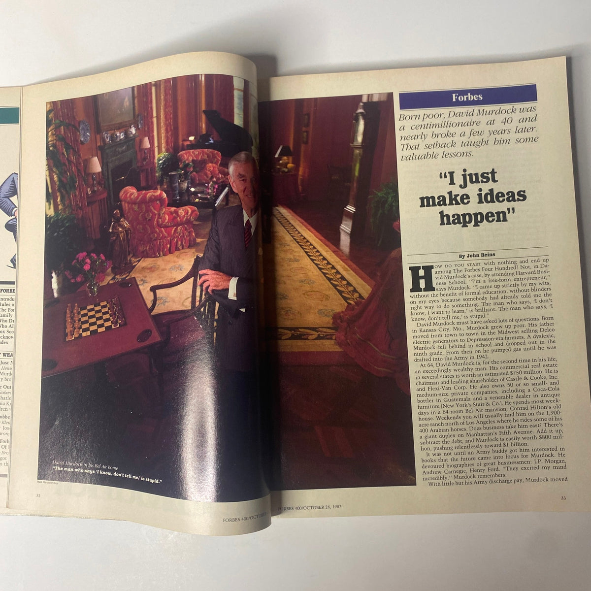 Feature article in Forbes Magazine 1987 depicting David Murdock, emphasizing the theme 'I just make ideas happen', showcasing insights on entrepreneurship and wealth.