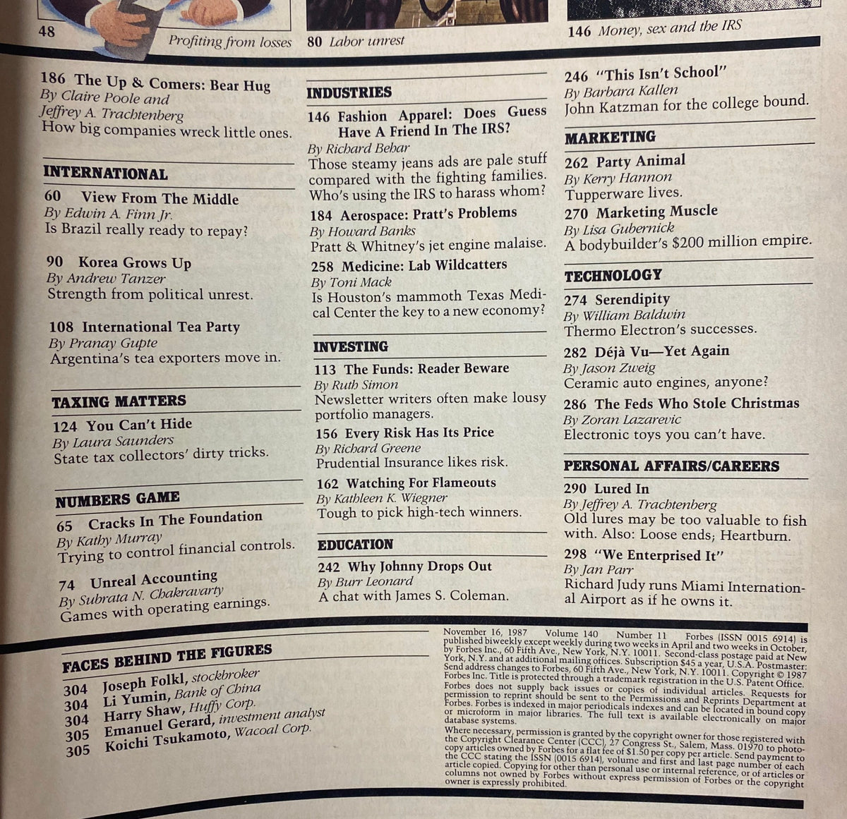 Table of contents from Forbes Magazine, November 16, 1987, showcasing sections on finance and economics after the 1987 stock market crash.
