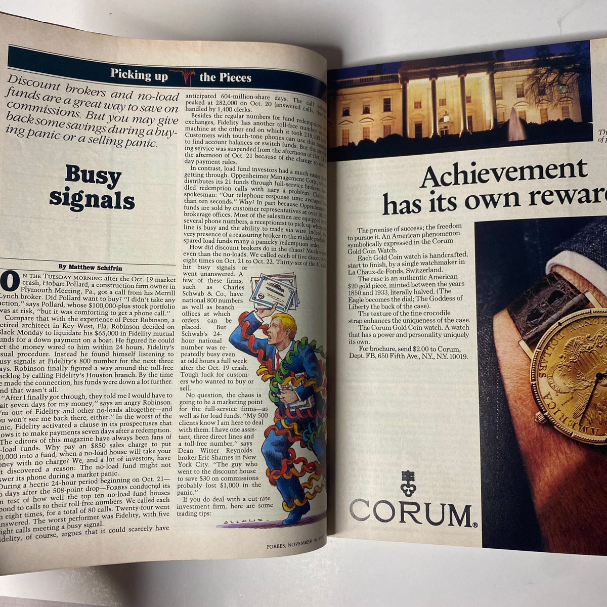 Article page from Forbes Magazine, November 16, 1987, titled 'Picking Up the Pieces,' discussing recovery strategies post-Black Monday.