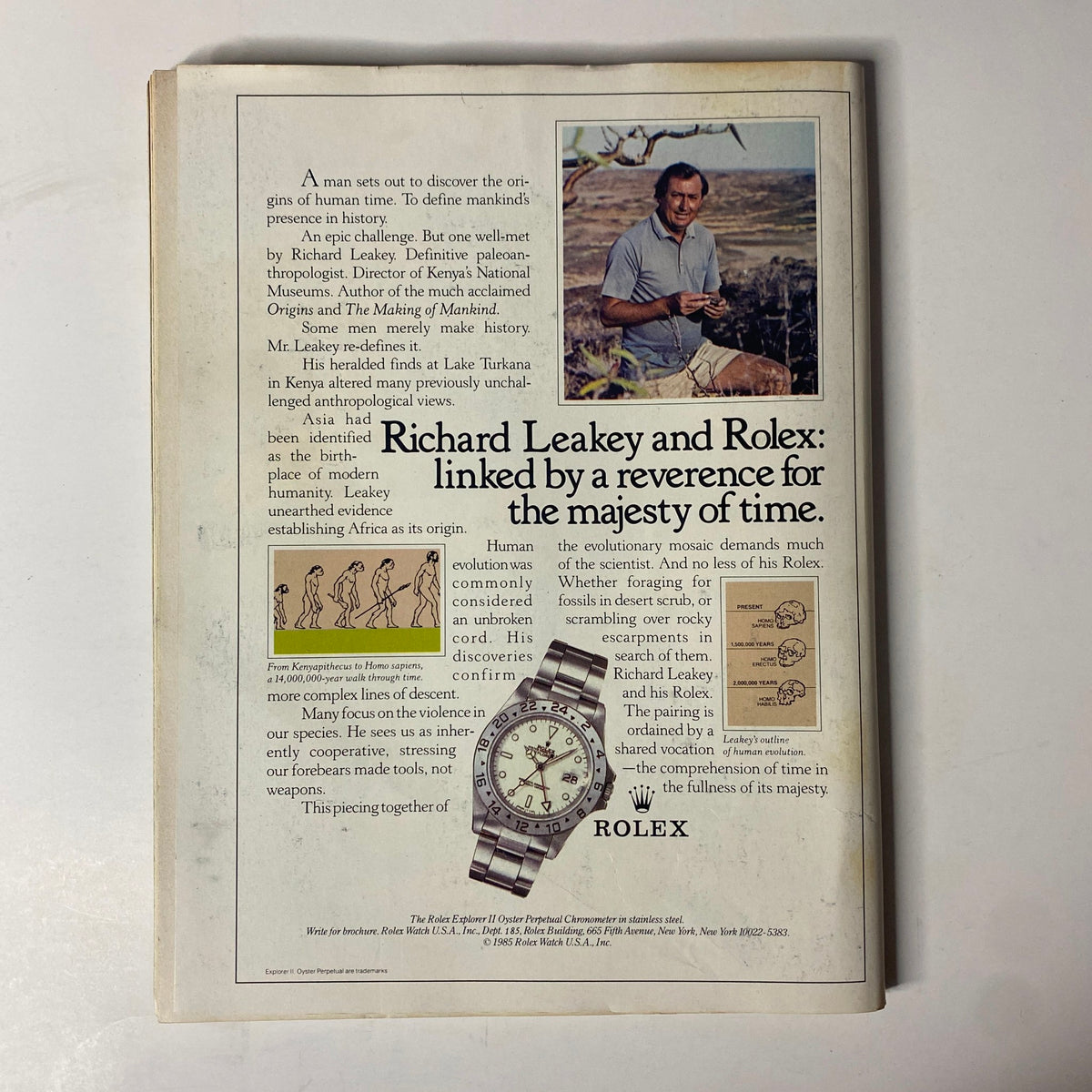 Back cover of Forbes Magazine, November 16, 1987, featuring an advertisement for Rolex with connection to Richard Leakey.