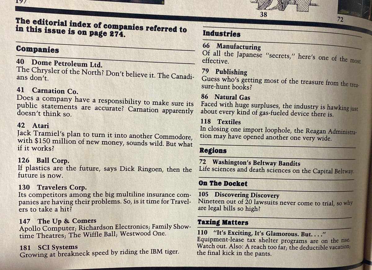 Interior pages of Forbes Magazine dated October 8, 1984, featuring the editorial index and sections on companies and industries, highlighting significant articles such as Dome Petroleum Ltd. and Atari.