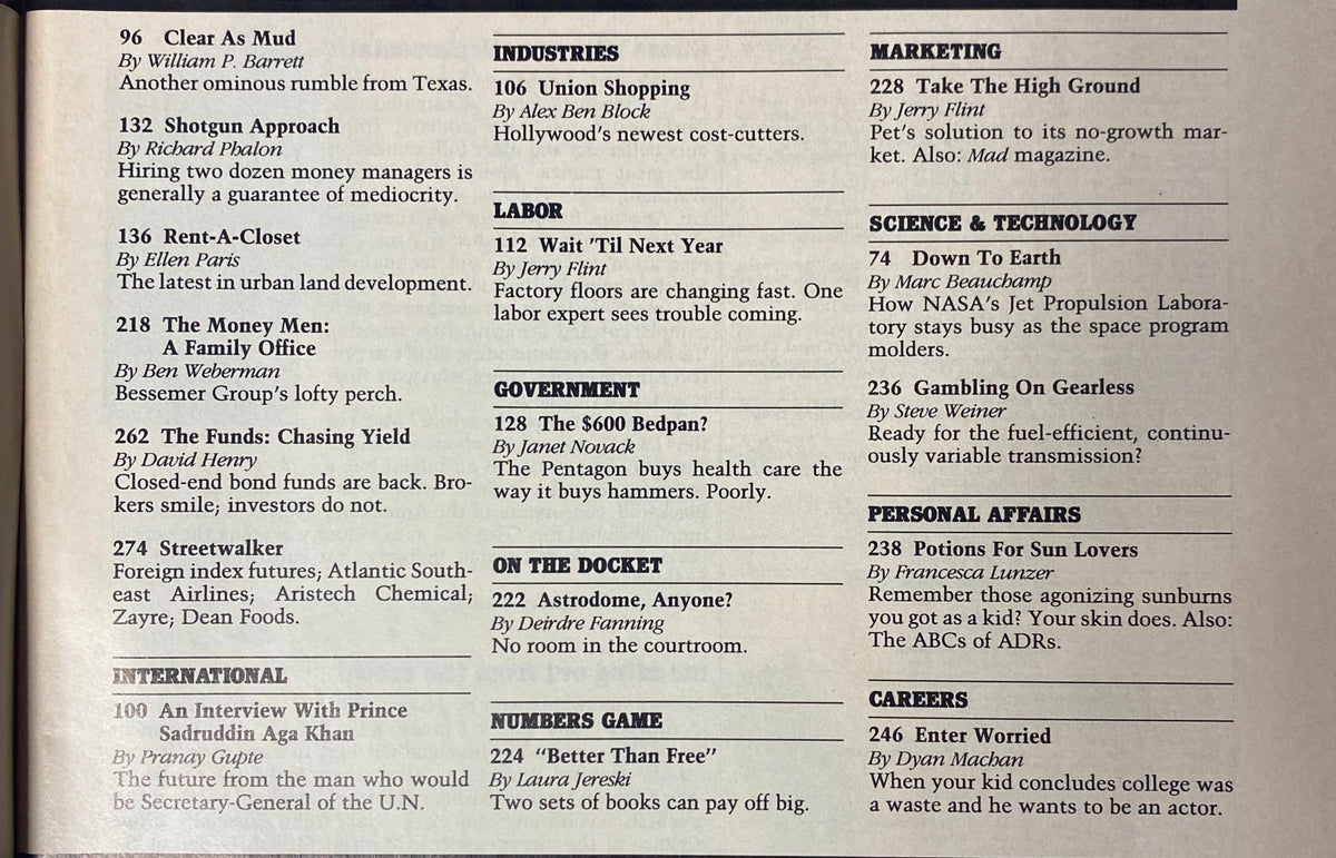 Continuing editorial index from Forbes Magazine June 15, 1987 showcasing various articles and topics related to business and industry.