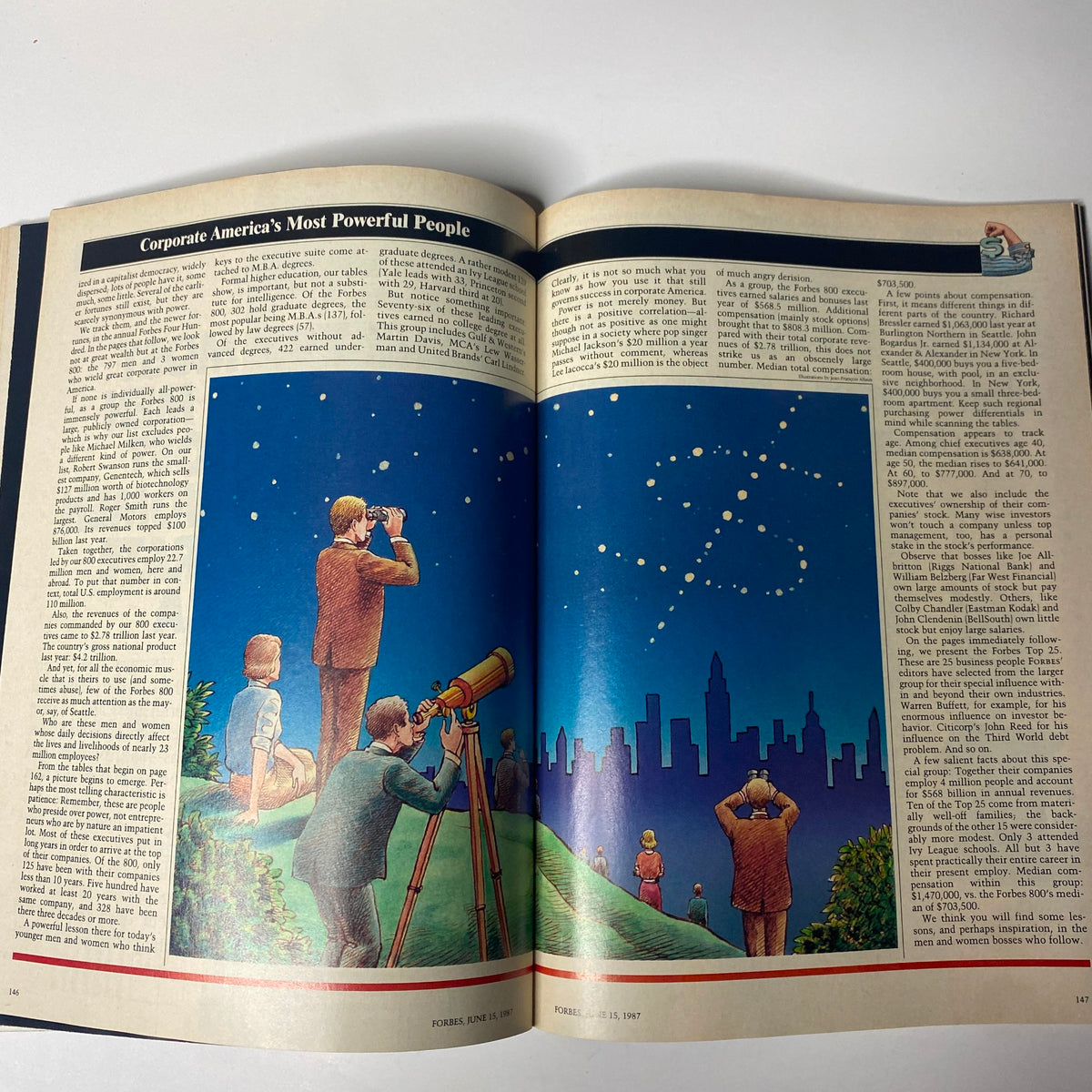 Forbes Magazine June 15, 1987 featuring an article on Corporate America's Most Powerful People, showcasing individuals looking through telescopes at the stars, symbolizing leadership and ambition.