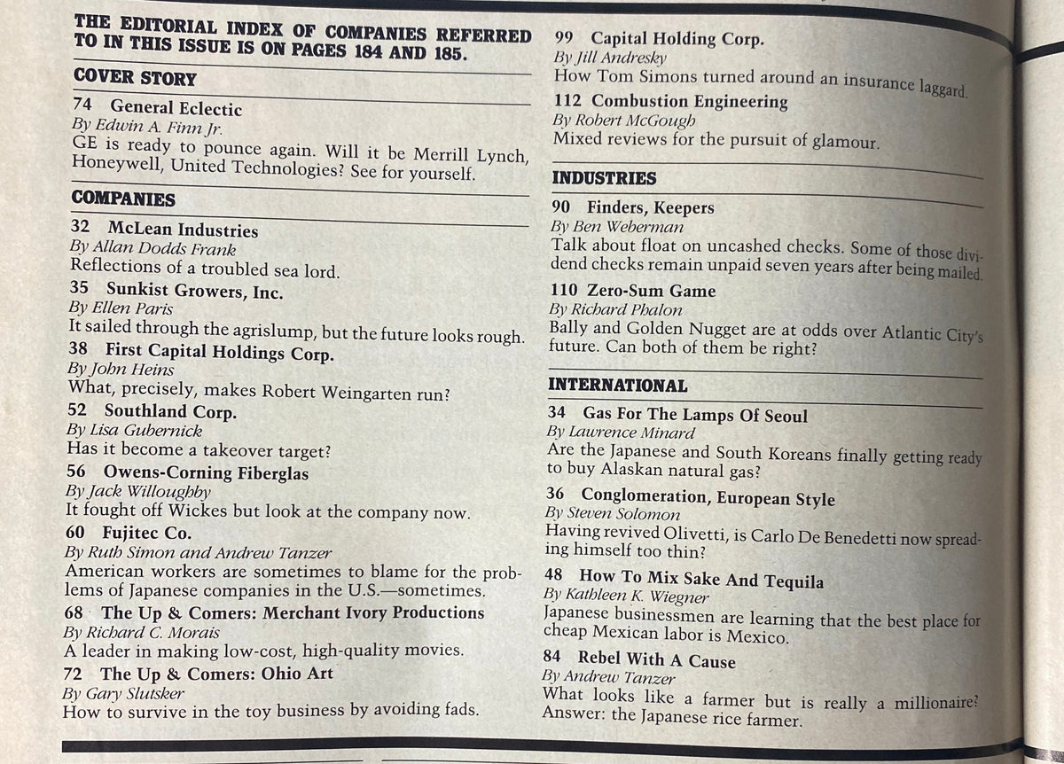 Editorial index of companies featured in Forbes Magazine March 23, 1987, including listings for General Electric, Merrill Lynch, and others.