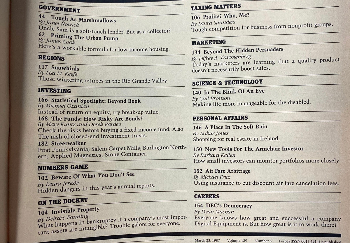 Page detail of Forbes Magazine March 23, 1987, highlighting articles on government, investing, and taxes.