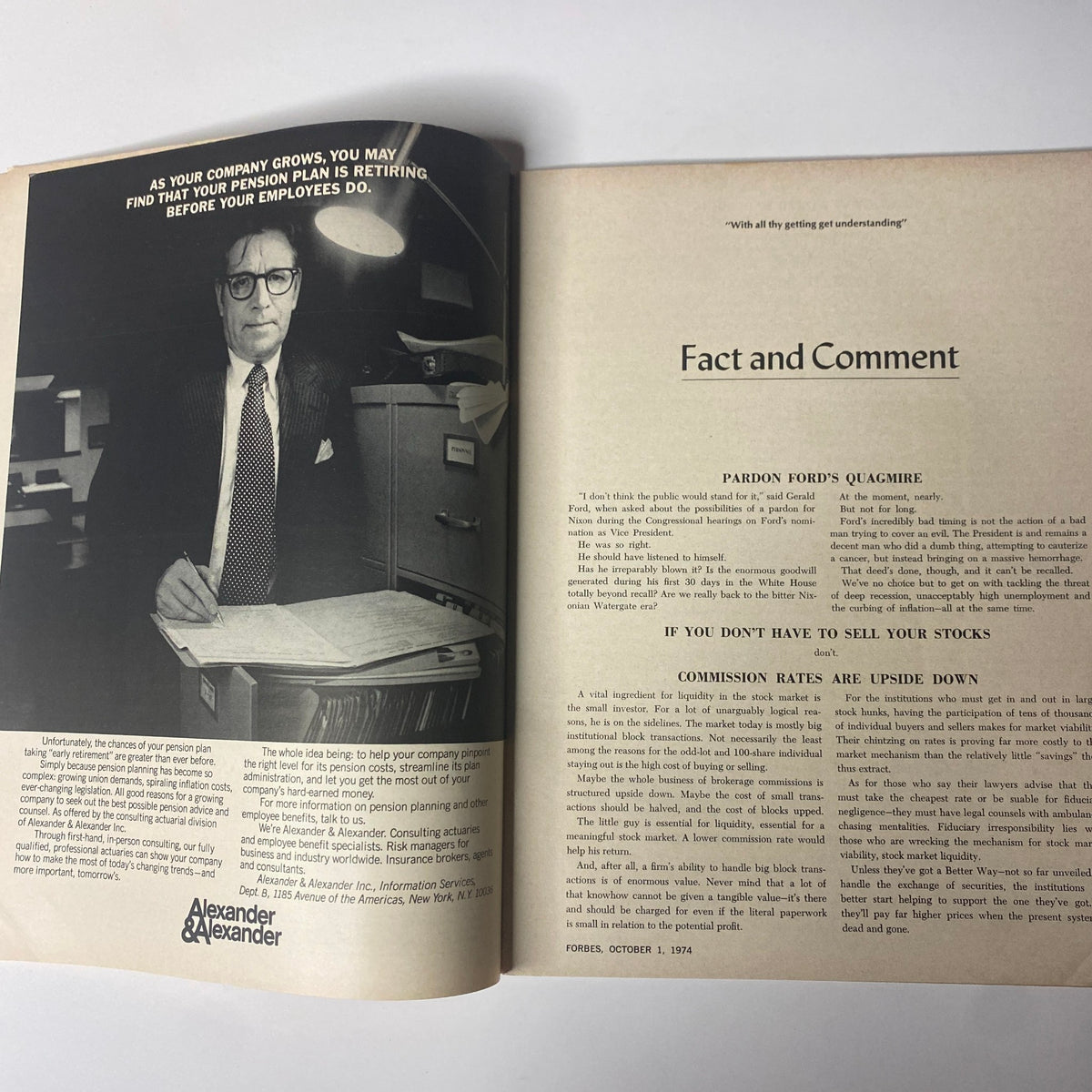 A page from Forbes Magazine, October 1, 1974, presenting an article regarding company pension plans with an image of a businessman reviewing documents.