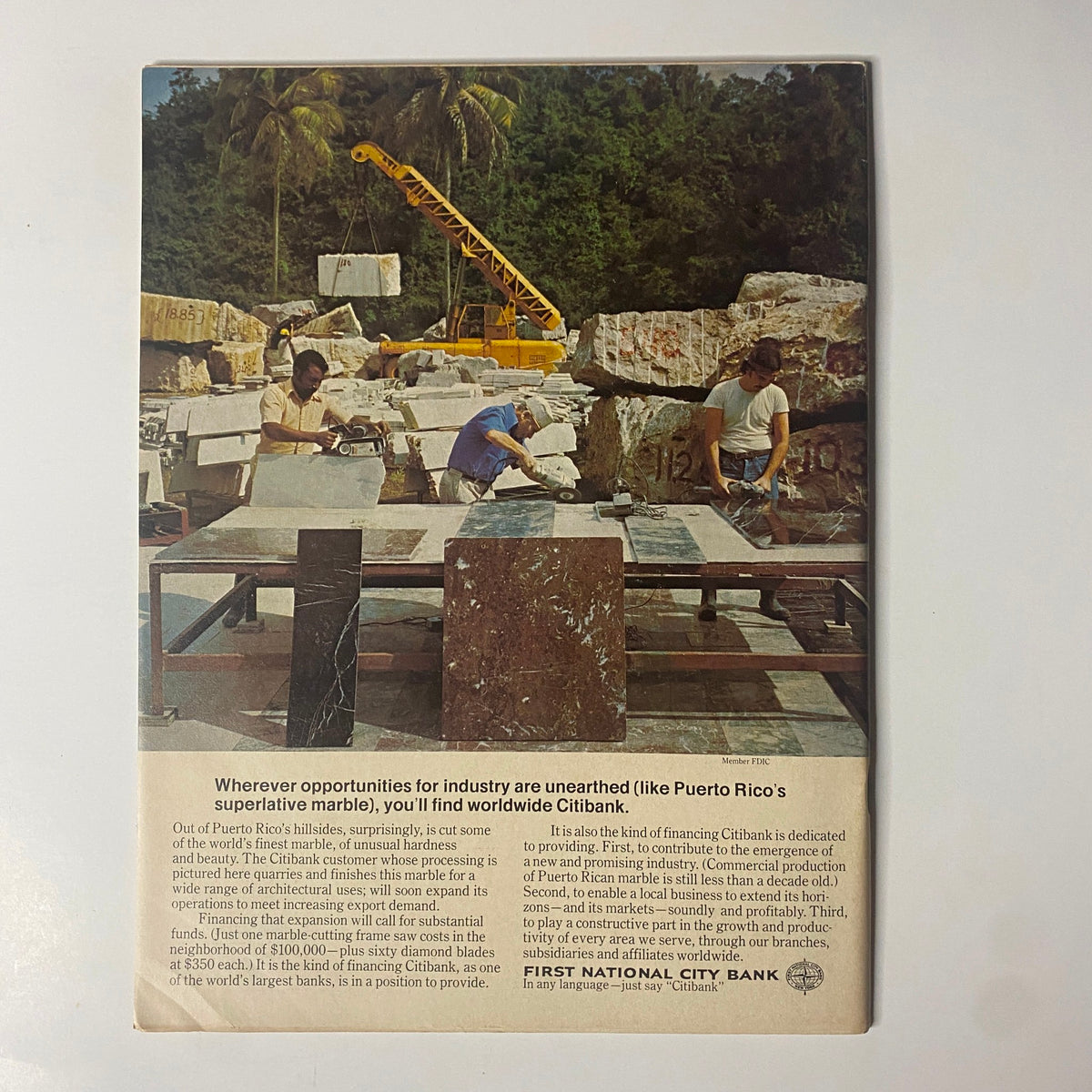 Back cover of Forbes Magazine from October 1, 1974 featuring an advertisement for Citibank, showcasing industrial opportunities in Puerto Rico.
