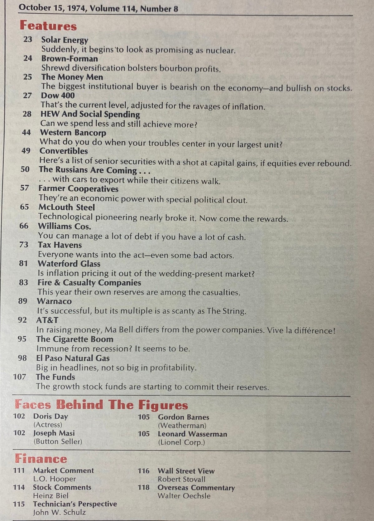 Forbes Magazine October 15, 1974 featuring the table of contents outlining key articles including discussions on solar energy and economic policy.