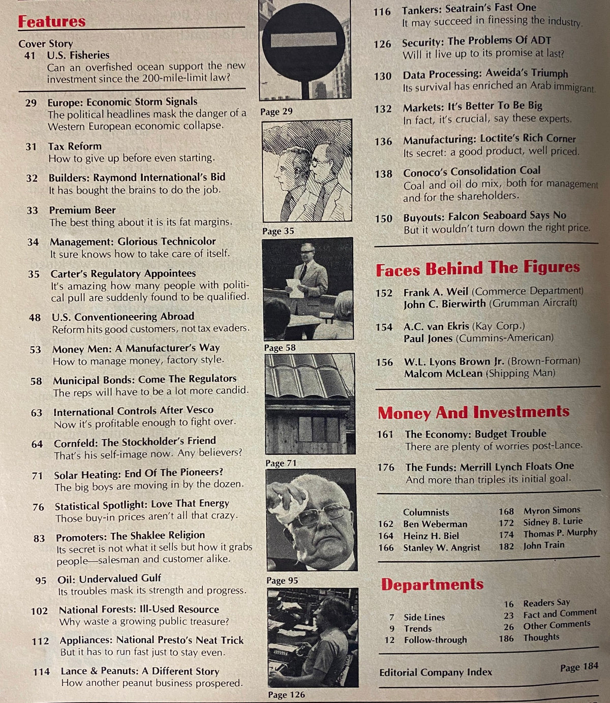 Forbes Magazine October 15, 1977 interior page showcasing the table of contents, summarizing key articles including U.S. Fisheries and economic storm signals.