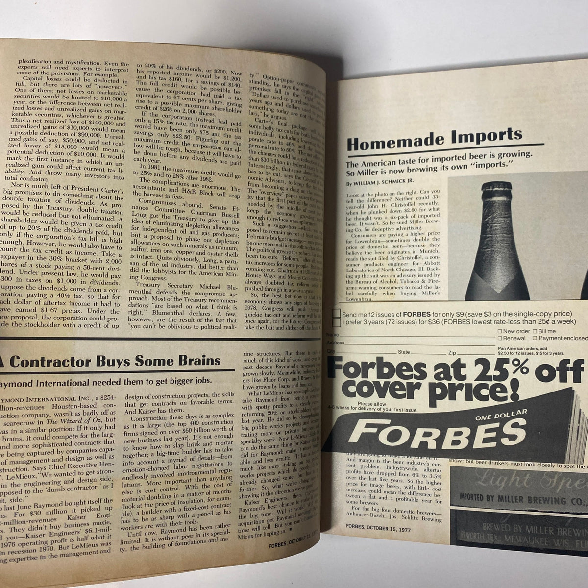 Interior pages of Forbes Magazine dated October 15, 1977, featuring articles about business strategies and economic insights, highlighting the impact of U.S. Fisheries and corporation news.