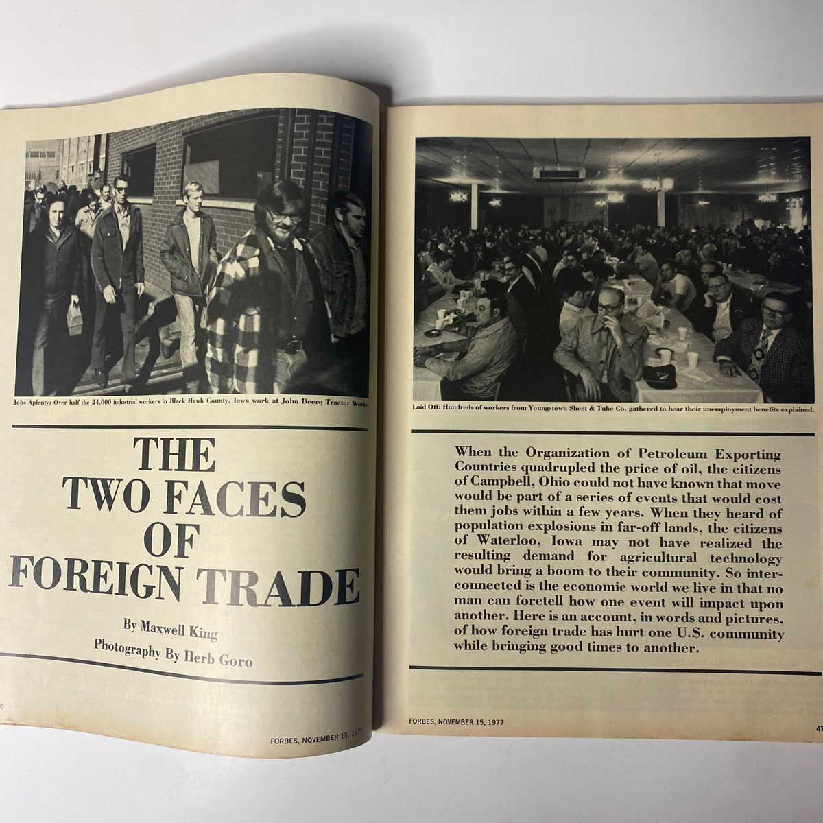 Inside spread of Forbes Magazine November 15, 1977 titled 'The Two Faces of Foreign Trade,' highlighting the effects of foreign trade on American communities.