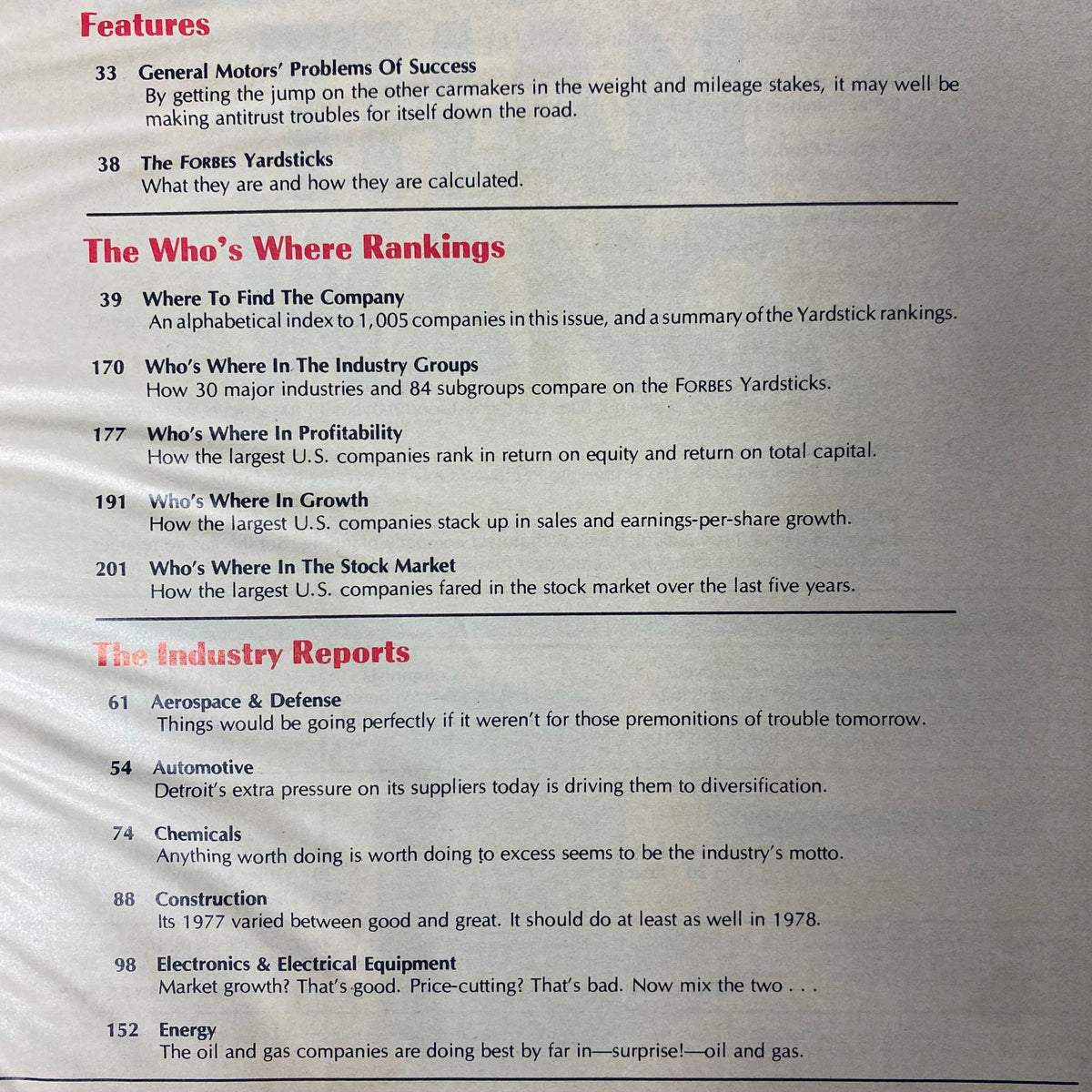 Table of contents from Forbes Magazine January 9, 1978, detailing sections including General Motors' challenges, the Forbes Yardsticks, and industry reports on various sectors.