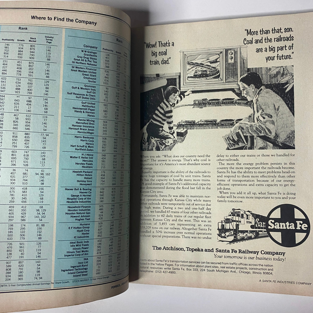 Inside page of Forbes Magazine January 9, 1978, showing the 'Where to Find the Company' section with a ranking table of major U.S. companies and an illustration of children discussing coal trains.