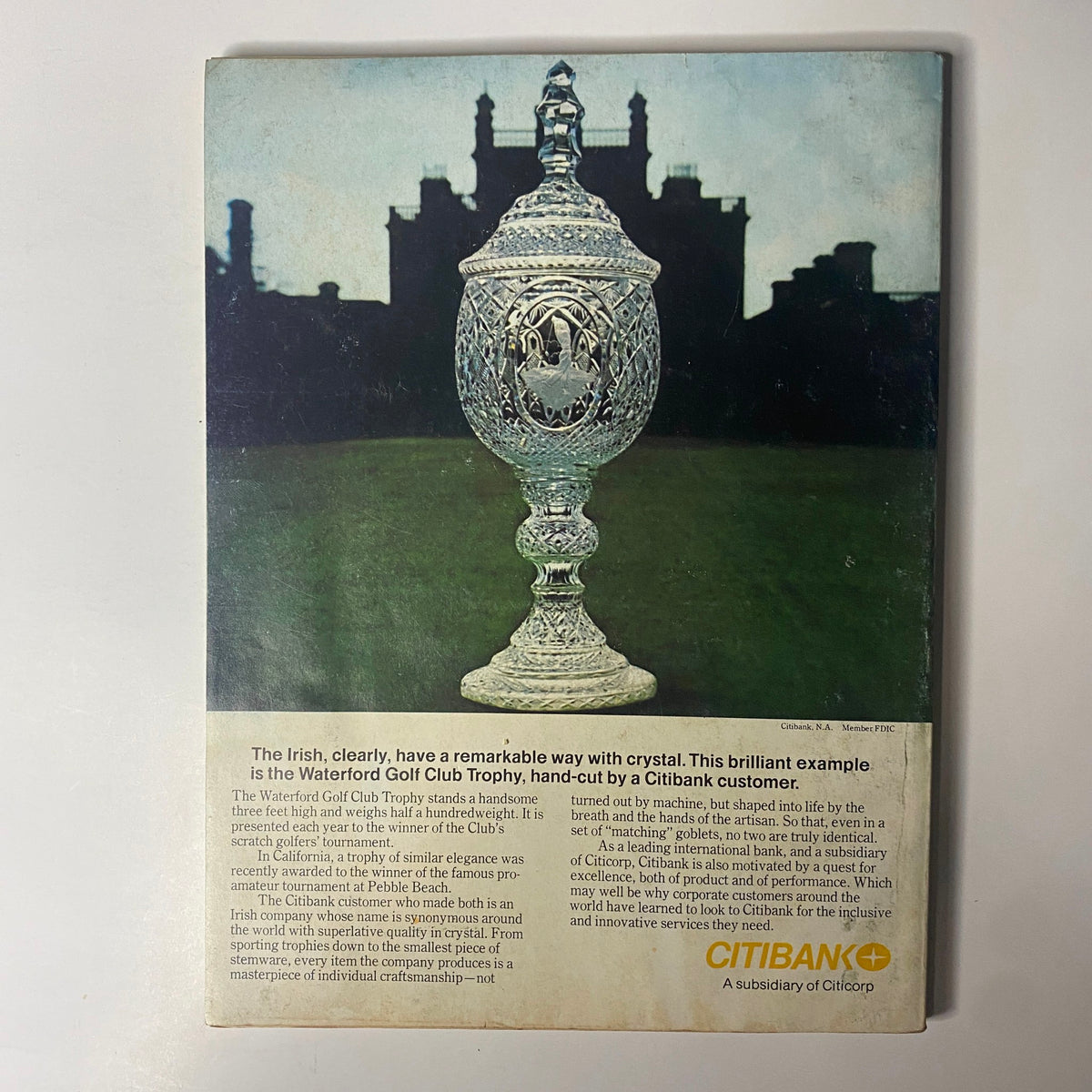 Back cover of Forbes Magazine January 9, 1978, featuring the Waterford Golf Club Trophy with an advertisement for Citibank highlighting their craftsmanship in crystal.