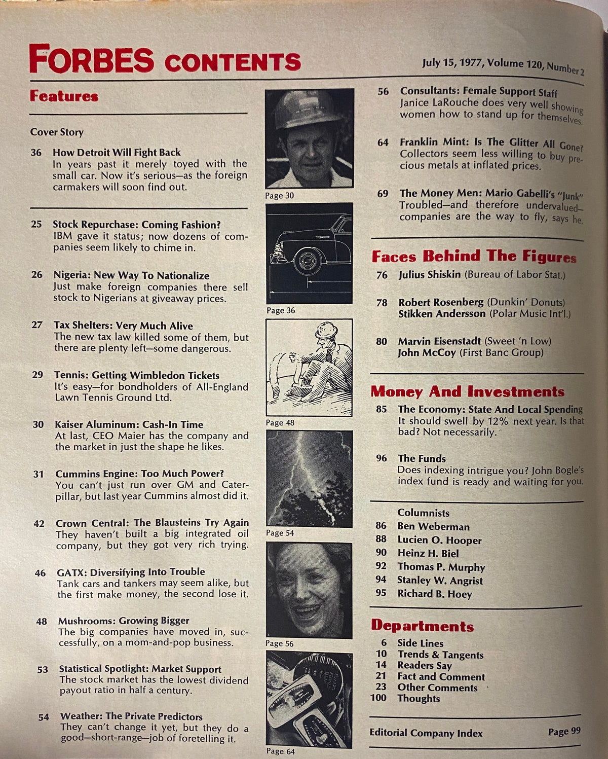 Forbes Magazine July 15, 1977 Contents page featuring the cover story 'How Detroit Will Fight Back' and articles on stock repurchases and Nigeria's nationalization strategy.