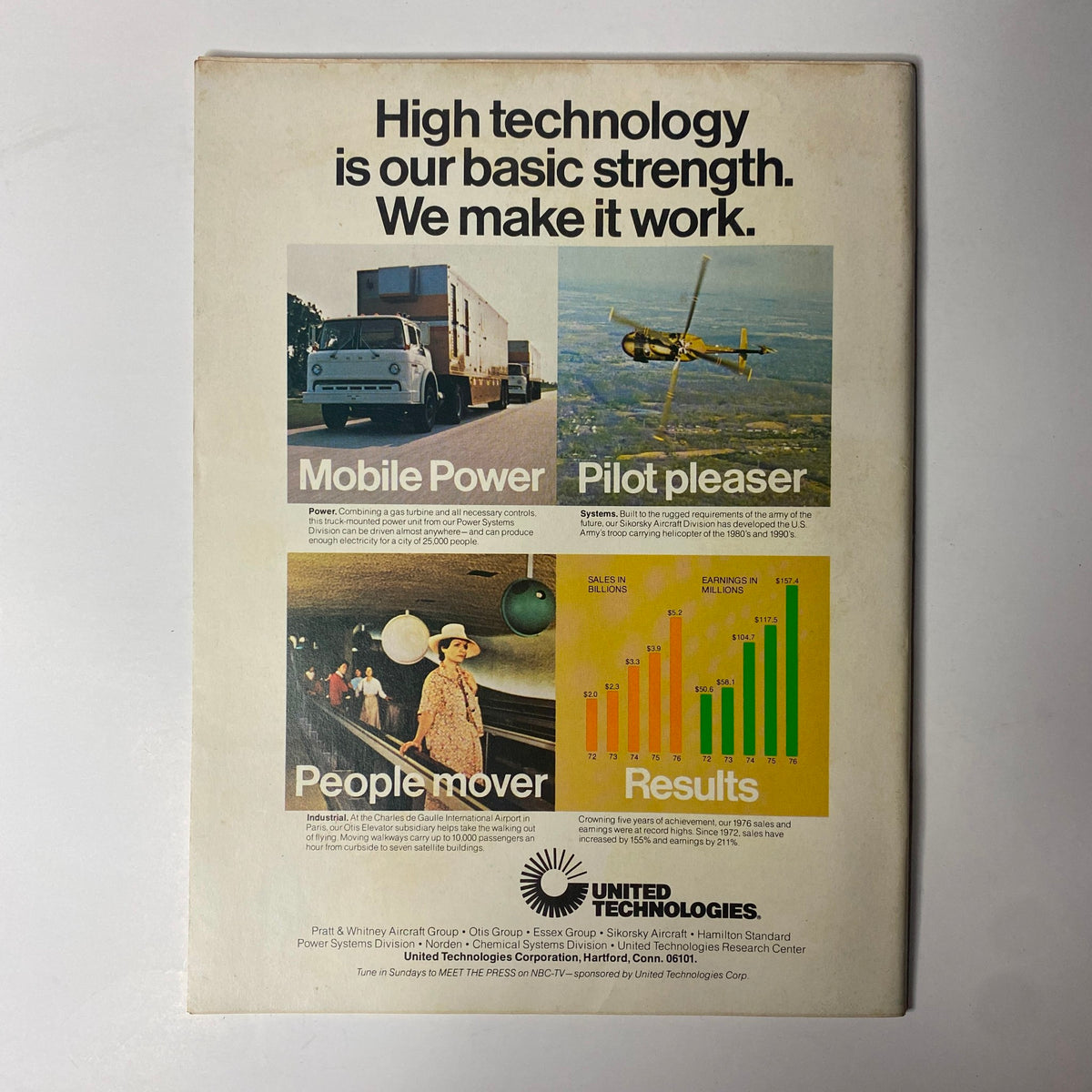 Back cover of Forbes Magazine July 15, 1977 featuring a United Technologies advertisement focused on high technology innovations with categories like 'Mobile Power' and 'Pilot Pleaser'.
