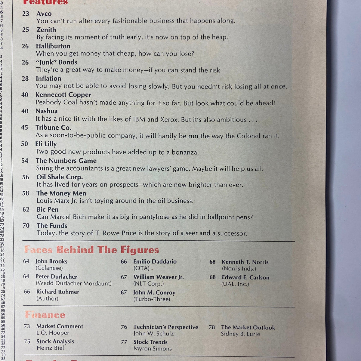 Table of contents from Forbes Magazine, April 1, 1974, highlighting various articles including 'Inflation', 'The Money Men', and 'Finance', reflecting financial insights and market strategies from the era.