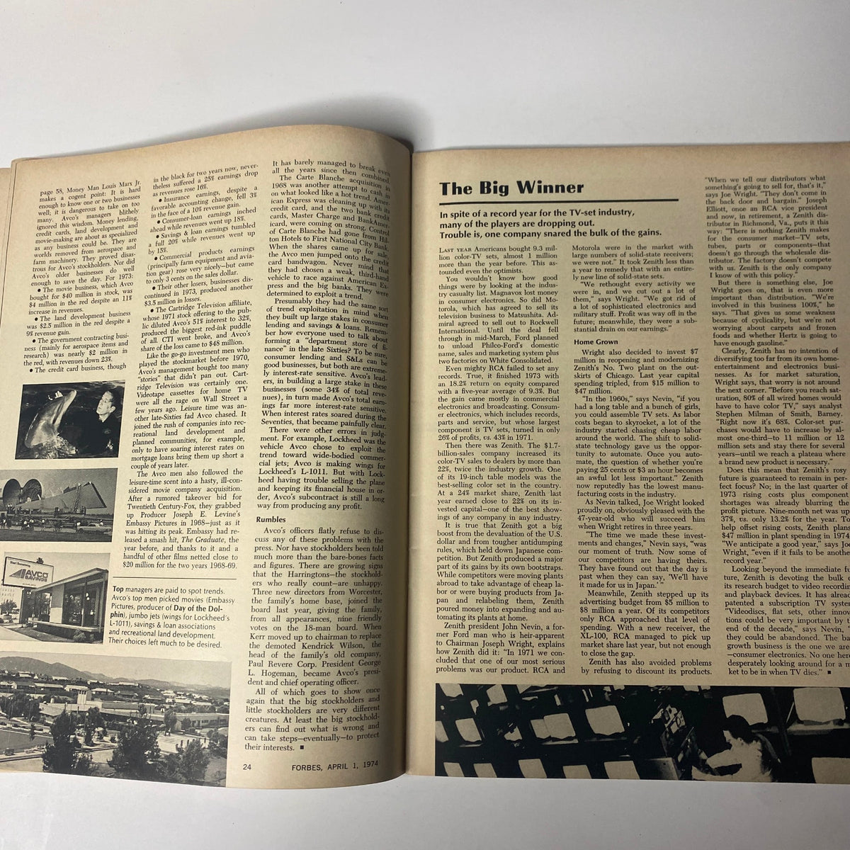 Interior page of Forbes Magazine April 1, 1974, featuring an article titled 'The Big Winner', discussing the television industry and market trends during the period of inflation.