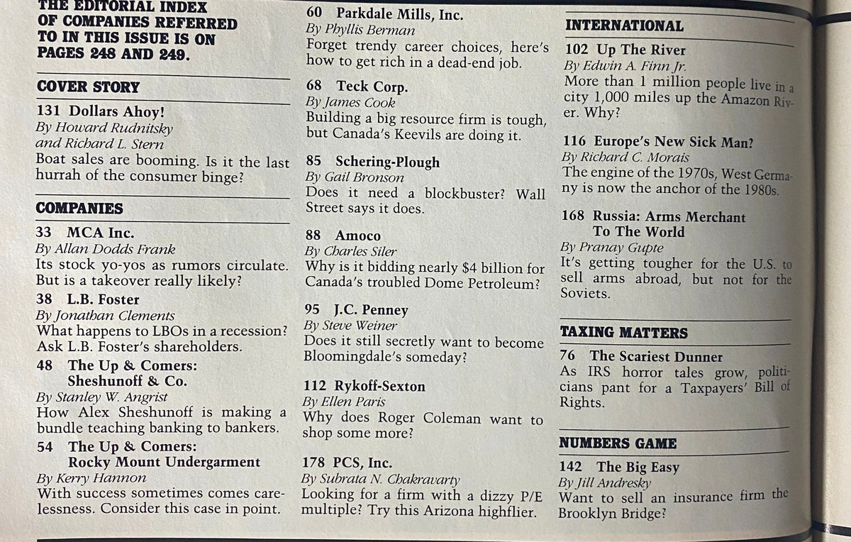 Forbes Magazine November 2, 1987 feature article index highlighting topics like boat sales and corporate finance.