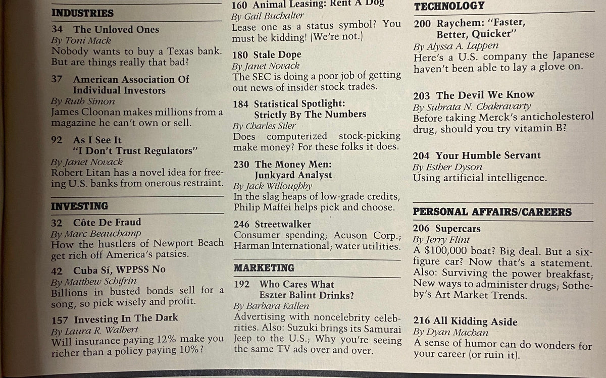 Forbes Magazine November 2, 1987 page with categorized information on industries, investing, and marketing trends.