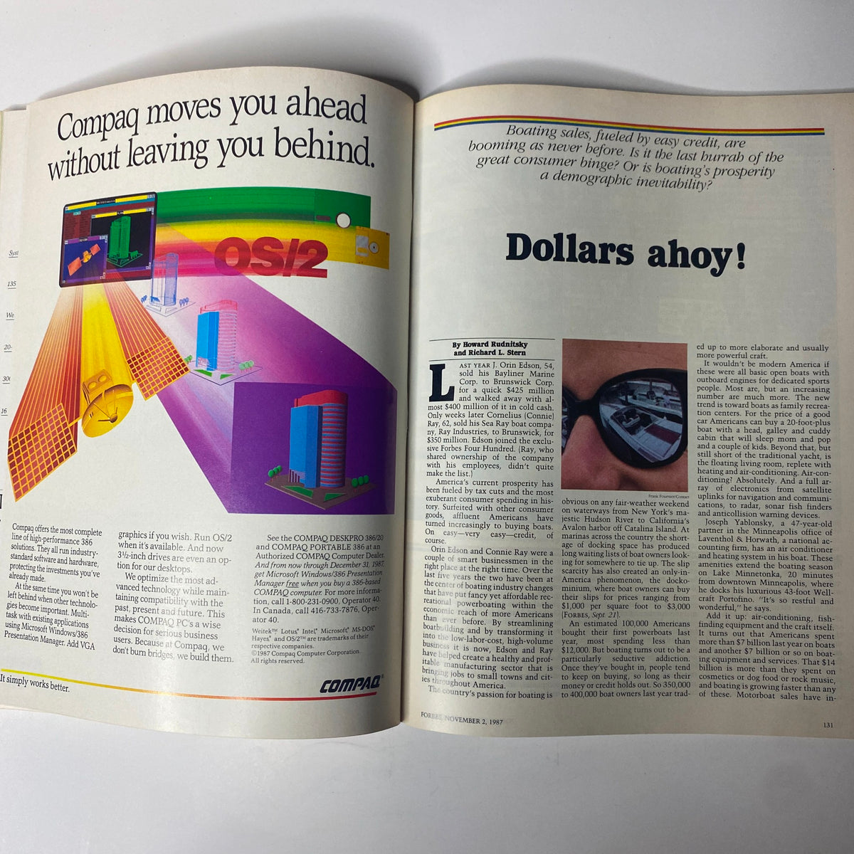 Forbes Magazine November 2, 1987 article titled "Dollars Ahoy!" discussing the booming boat sales in the consumer market.