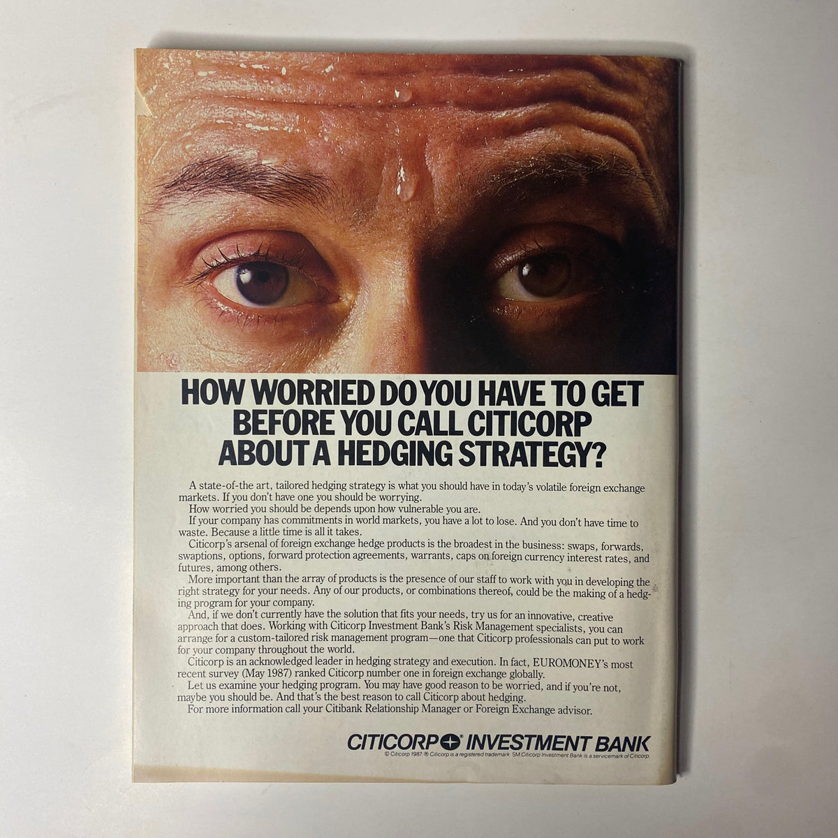 Ad from Forbes Magazine November 2, 1987 for Citicorp Investment Bank focusing on hedging strategies in volatile markets.