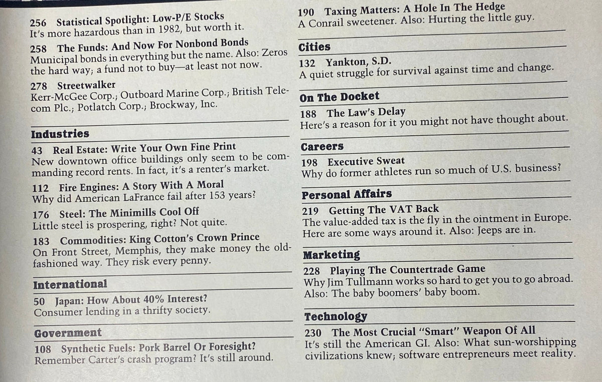 Overview of contents from Forbes Magazine May 20, 1985, highlighting various industries and investment discussions.