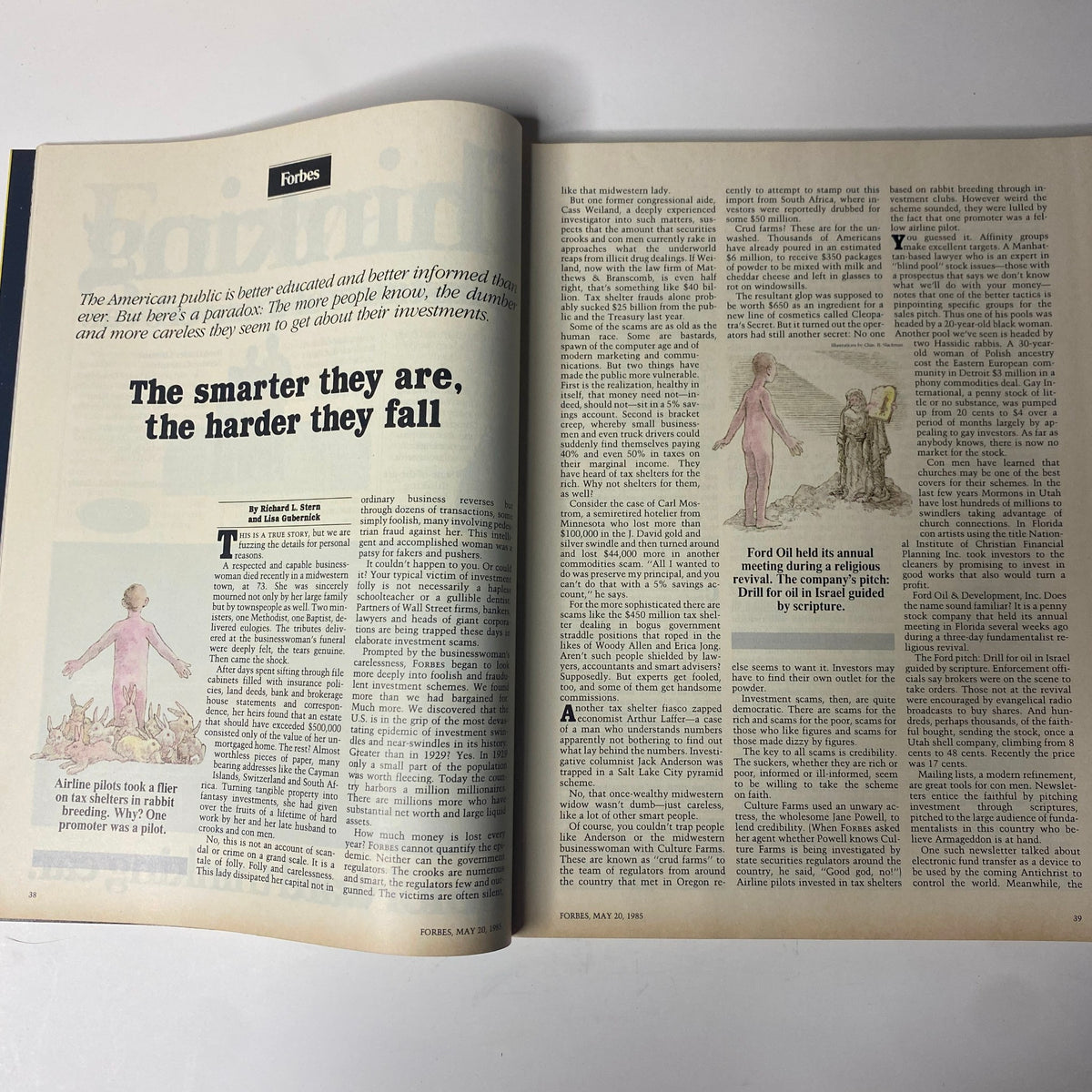 Article spread from Forbes Magazine May 20, 1985, featuring the cover story 'The Smarter They Are, The Harder They Fall' about investment caution.