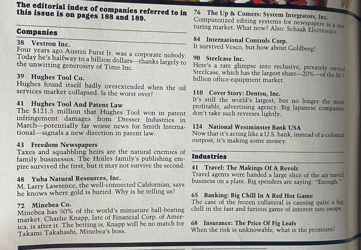 Editorial index of companies featured in Forbes Magazine dated October 7, 1985, including Vestron Inc., Hughes Tool Co., and Dentsu.