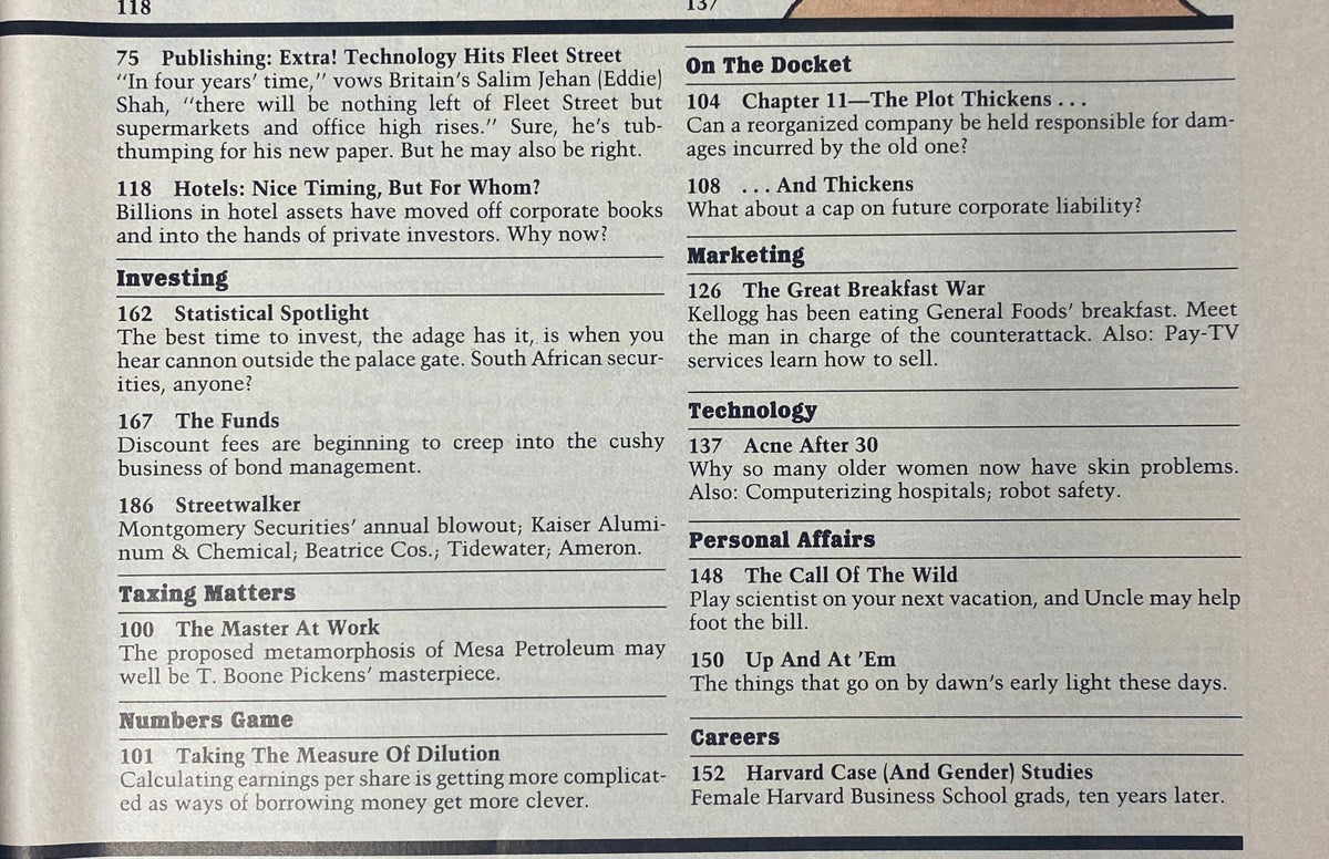 Articles related to corporate strategies and investing featured in Forbes Magazine from October 7, 1985, highlighting economic topics of the mid-1980s.